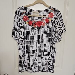 Savanna Jane Black and White Geometric Top with Red Floral Embroidery